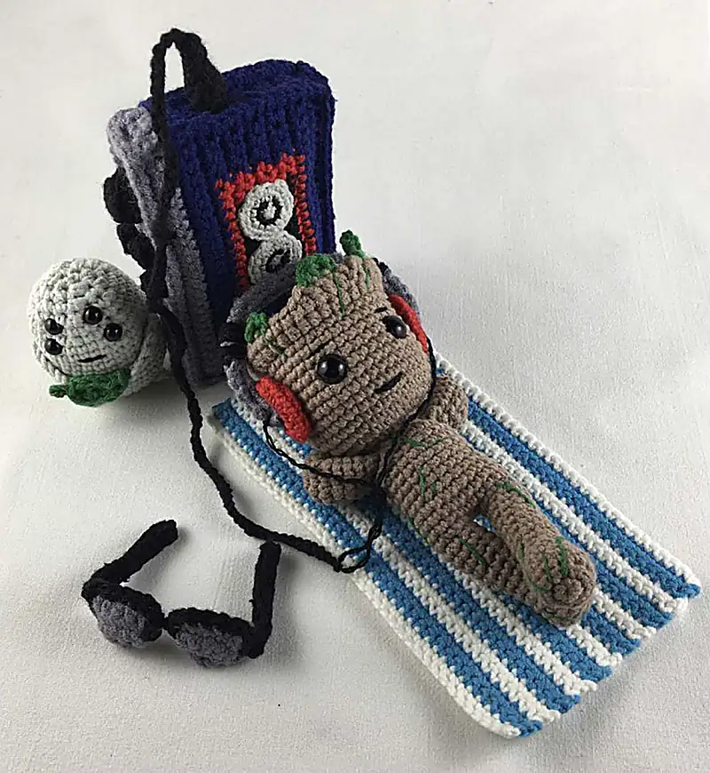 Free Intermediate crochet pattern: Groot with Headphones and Audio Player Amigurumi Pattern - Easy to follow tutorial