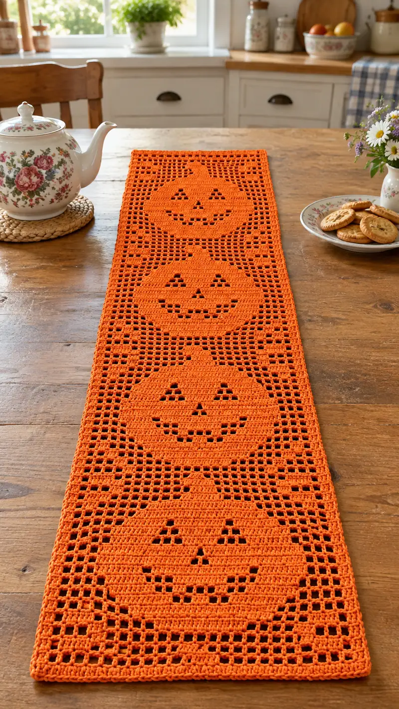 Pumpkin Filet Table Runner Pattern crochet pattern - detailed view of completed project