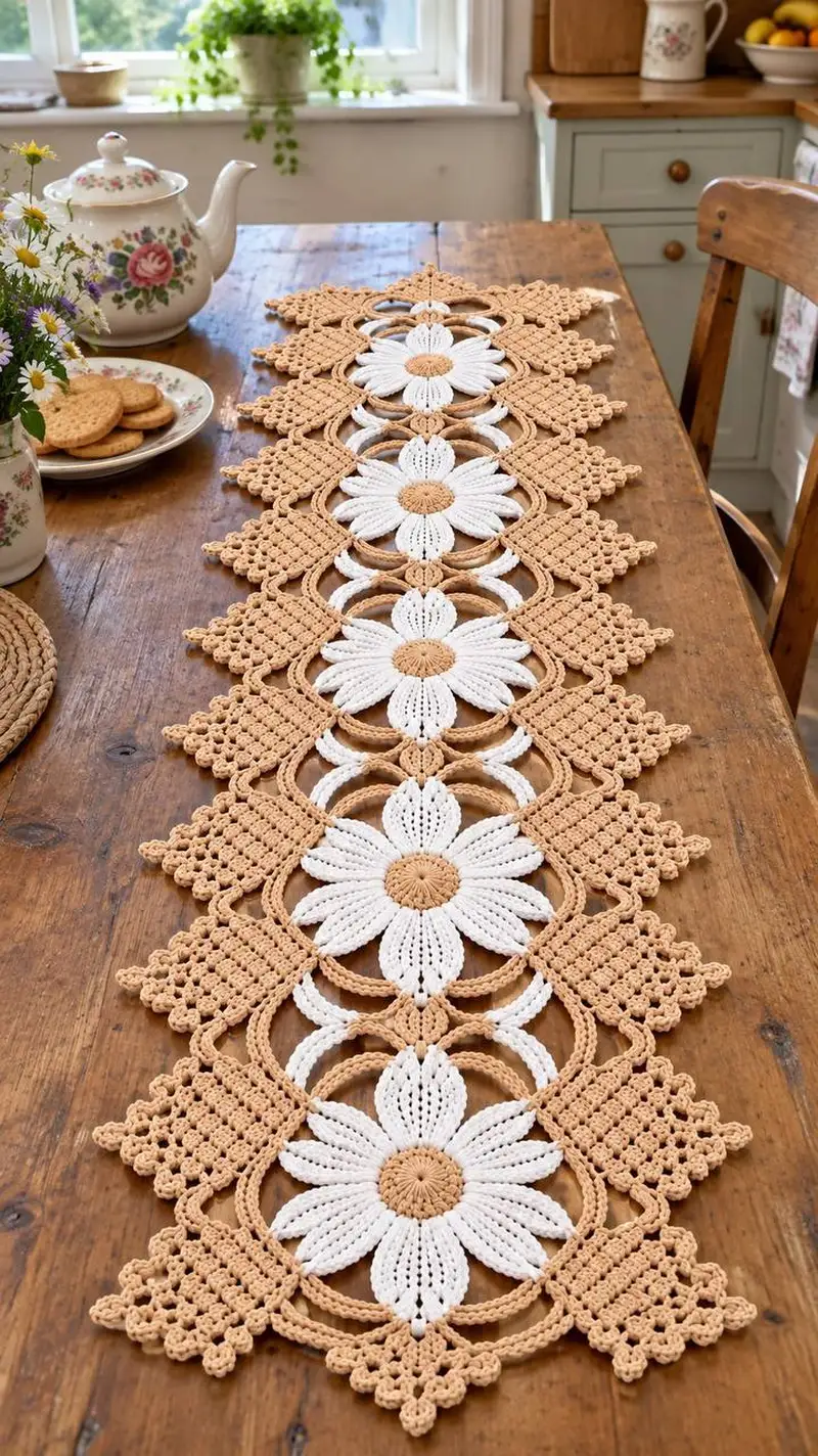Autumn Daisy Table Runner Pattern crochet pattern - detailed view of completed project