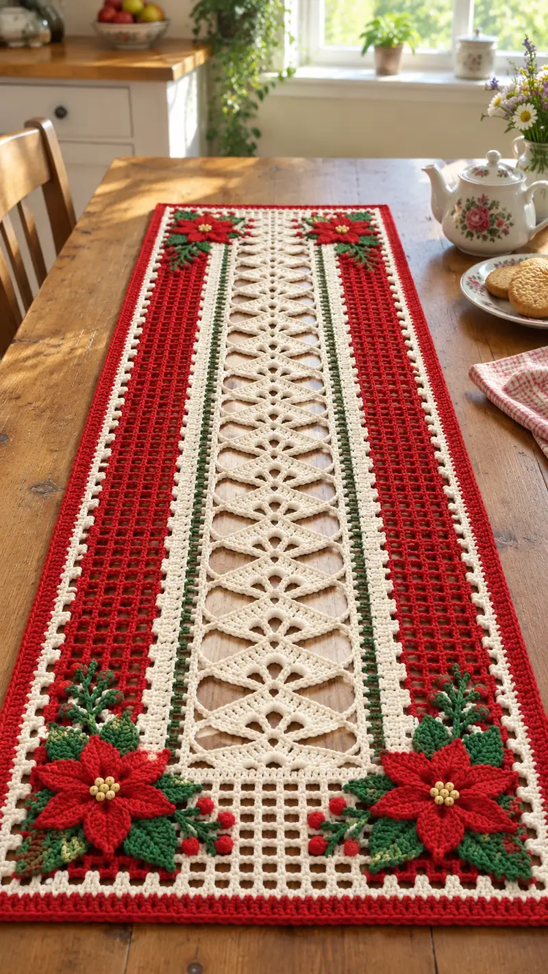 Festive Poinsettia Table Runner Pattern crochet pattern - detailed view of completed project