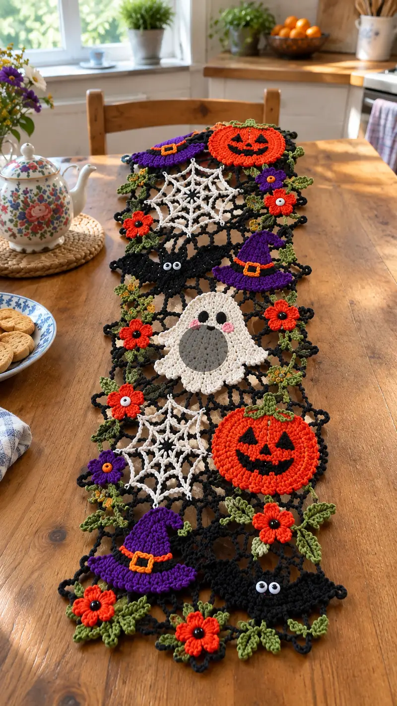 Spooky Halloween Table Runner Pattern crochet pattern - detailed view of completed project