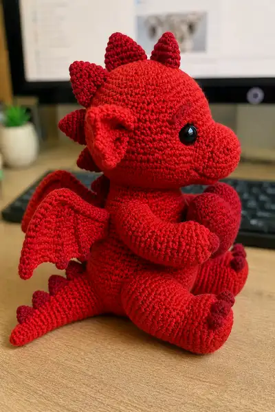 Big Red Heart Dragon Holding a Little Heart Amigurumi Pattern step 2 - assembly progress