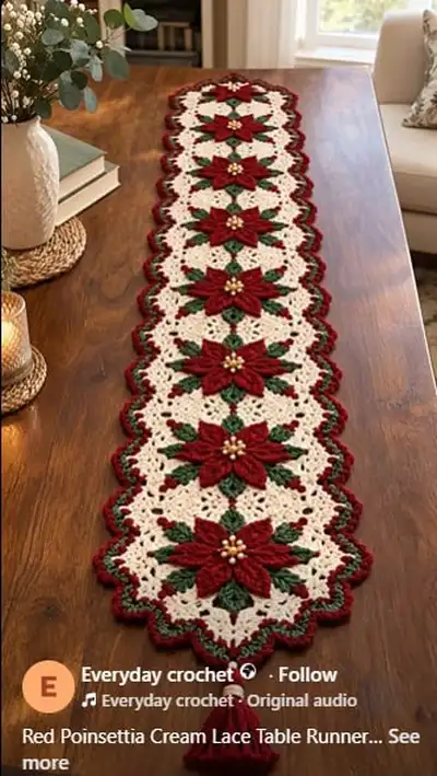 Red Poinsettia Cream Lace Table Runner Pattern step 1 - construction progress