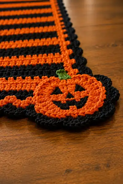 Black and Orange Striped Halloween Table Runner with Pumpkin Corners Pattern step 2 - assembly progress