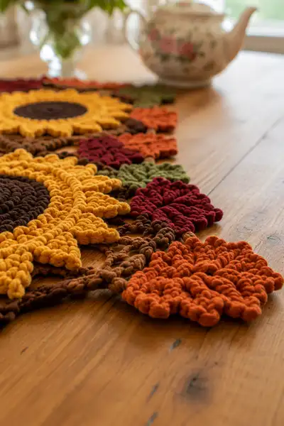 Joined Sunflower Row Table Runner with Autumn Leaves Pattern step 2 - assembly progress