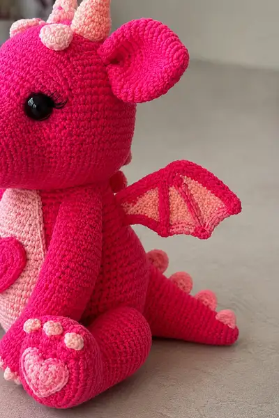 Big Hot Pink Love Dragon Amigurumi Pattern step 2 - assembly progress