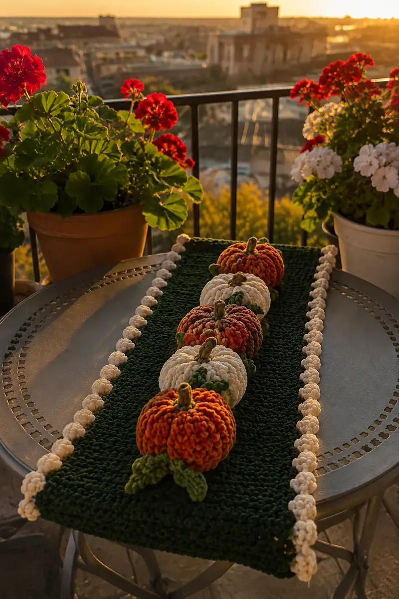Velvet Pumpkin Row Table Runner with Cream Bobbles Pattern crochet pattern - detailed view of completed project
