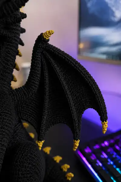 Giant Obsidian Black Dragon with Gold Horns Amigurumi Pattern step 2 - assembly progress