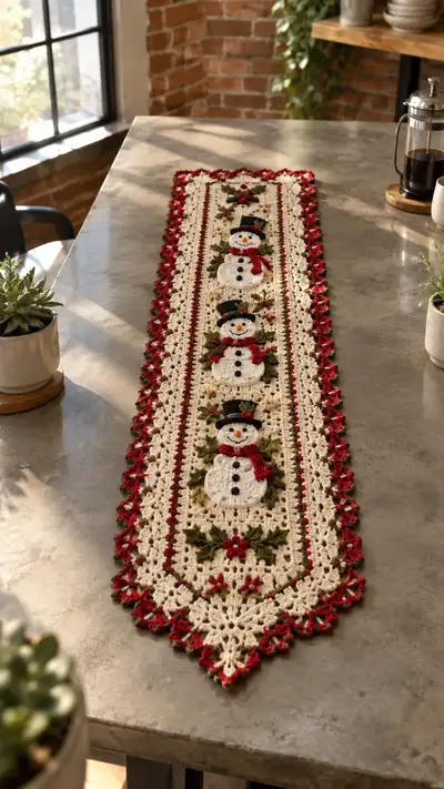 Red Ivory Snowman Lace Table Runner Pattern step 1 - construction progress