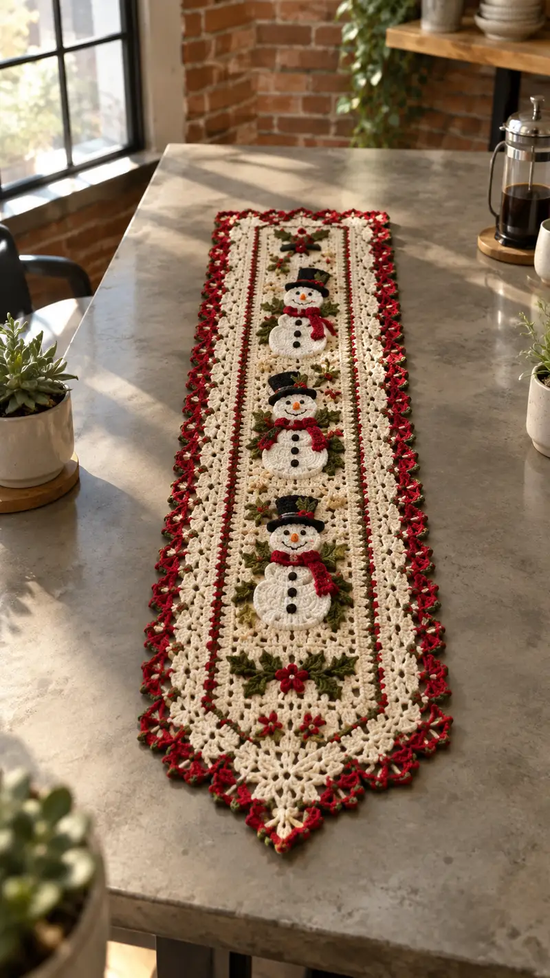 Red Ivory Snowman Lace Table Runner Pattern crochet pattern - detailed view of completed project