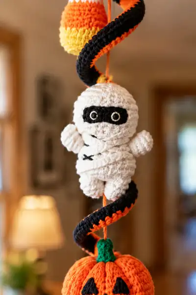 Halloween Spiral Garland with Candy Corn Mummy and Jack o Lantern Amigurumi Pattern step 2 - assembly progress