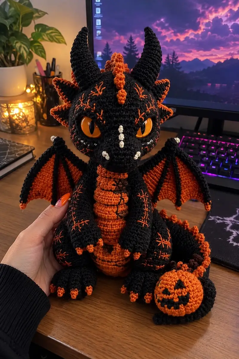 Halloween Dragon Amigurumi Pattern crochet pattern - detailed view of completed project