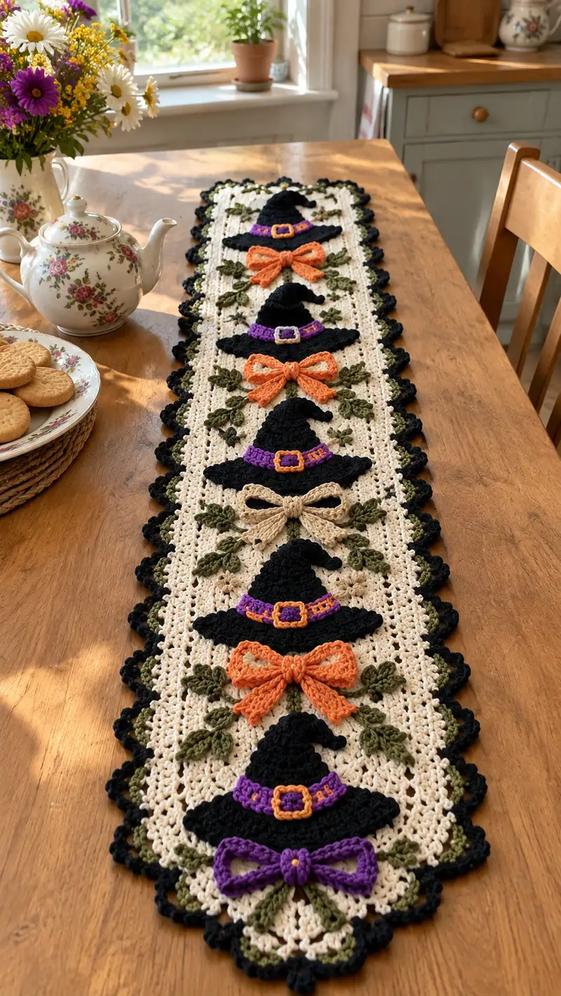 Witch Hat Table Runner Pattern crochet pattern - detailed view of completed project