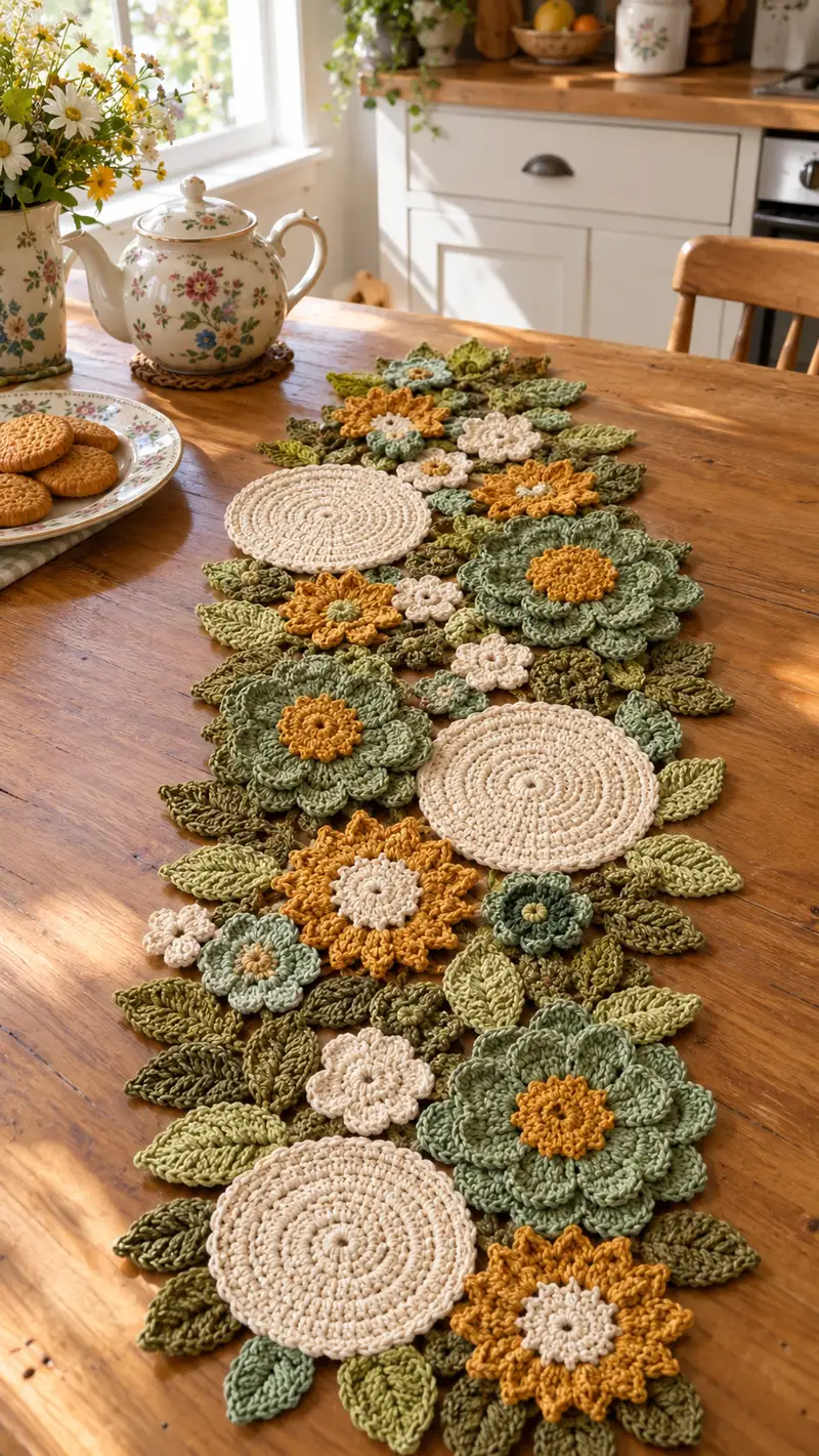 Botanical Bloom Table Runner Pattern crochet pattern - detailed view of completed project