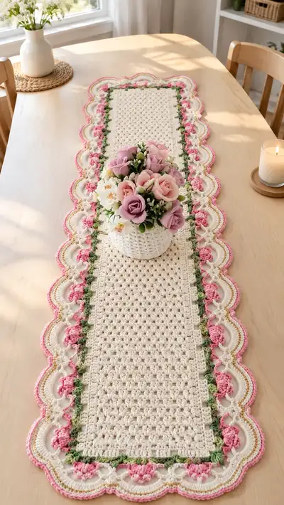 Elegant Floral Scallop Table Runner Pattern step 1 - construction progress