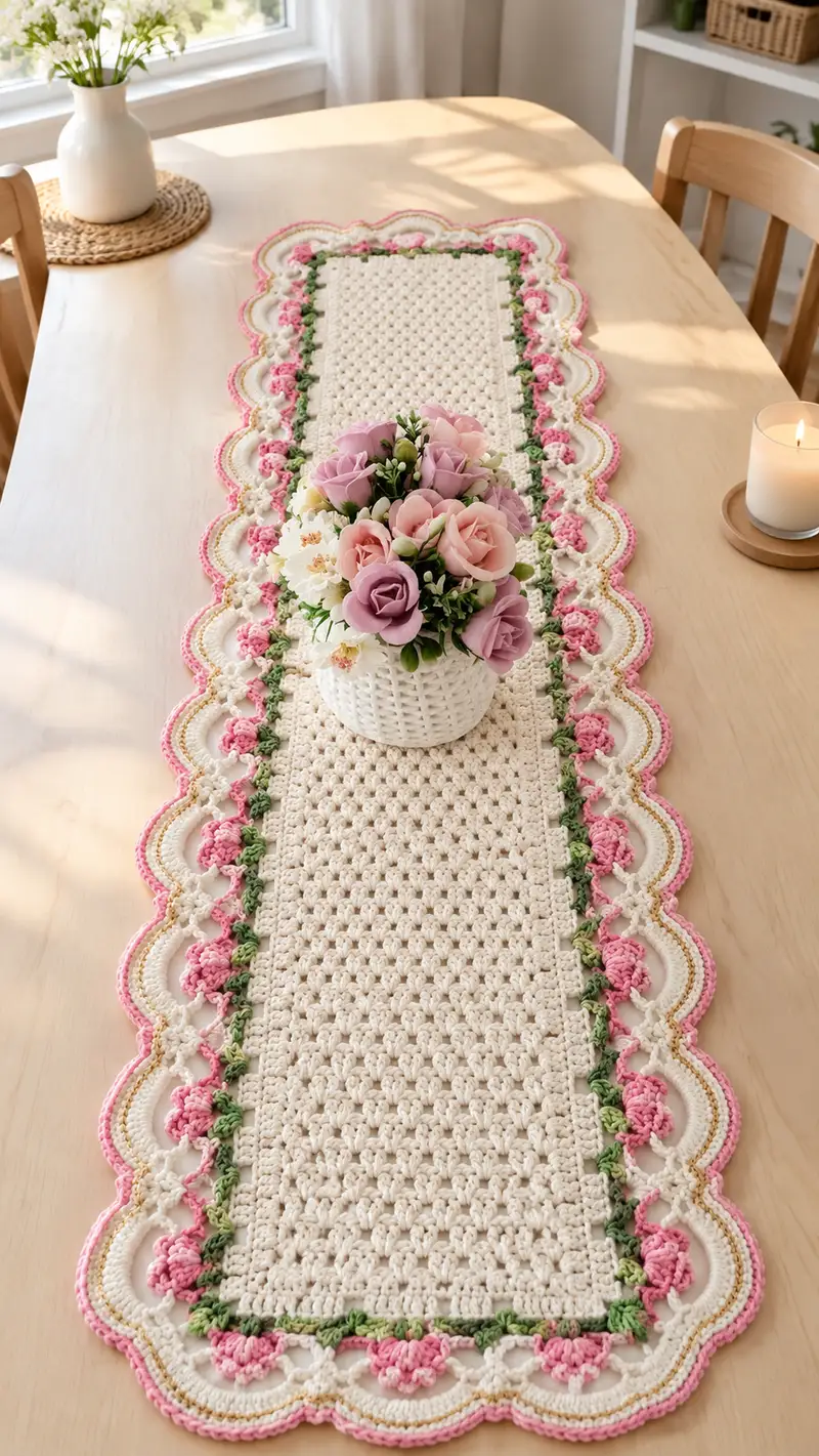 Elegant Floral Scallop Table Runner Pattern crochet pattern - detailed view of completed project