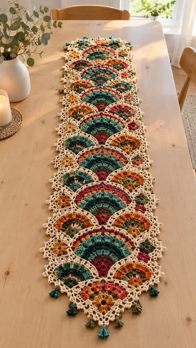 Teal Rust Mustard Fan Lace Table Runner Pattern crochet pattern - detailed view of completed project