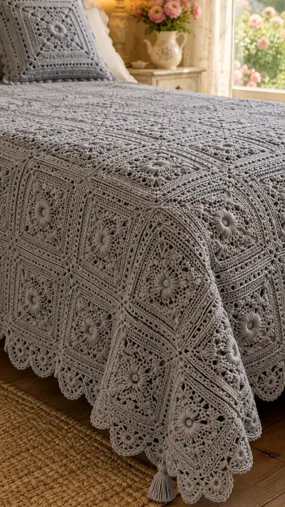 Dove Grey Floral Granny Square Bedspread Pattern step 2 - assembly progress