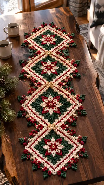 Red Green Poinsettia Table Runner Pattern step 1 - construction progress