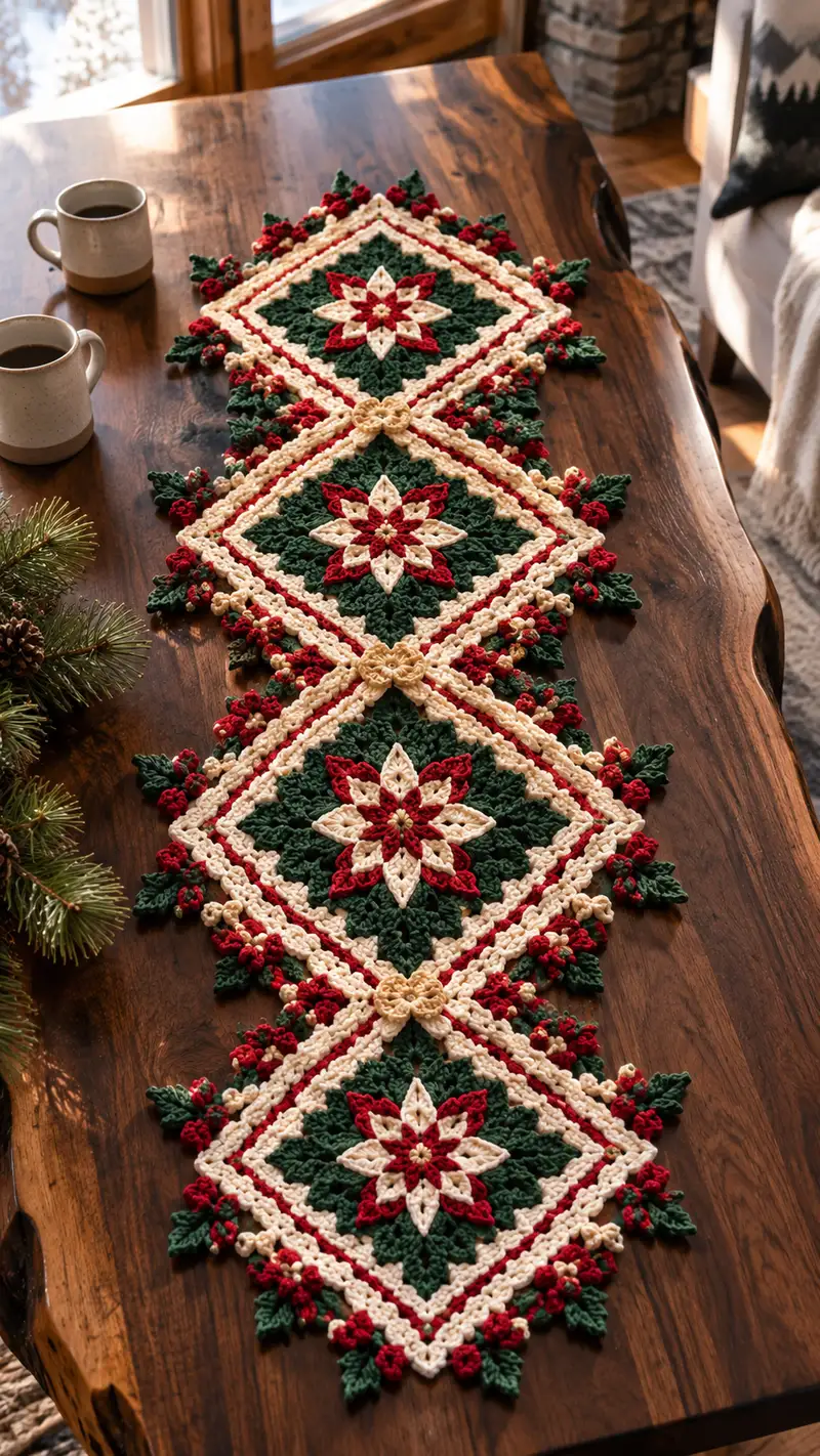 Red Green Poinsettia Table Runner Pattern crochet pattern - detailed view of completed project