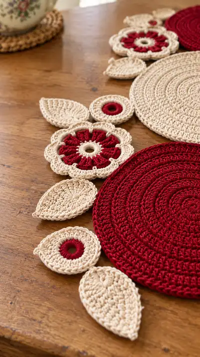 Floral Circle Table Runner Pattern step 2 - assembly progress