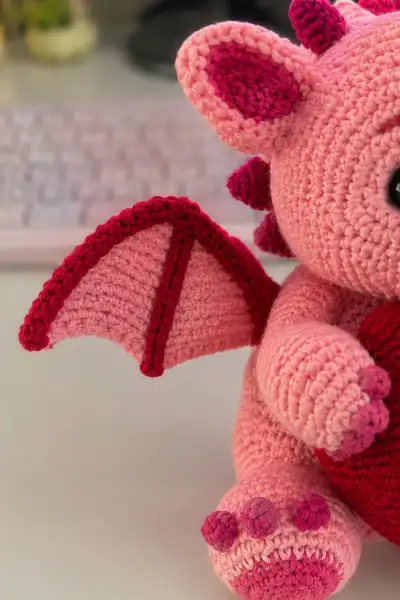 Big Rosy Love Dragon Hugging a Big Red Heart Amigurumi Pattern step 2 - assembly progress