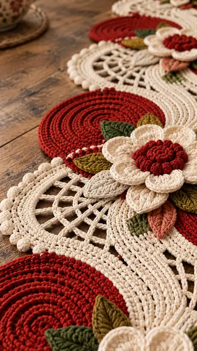 Autumn Floral Table Runner Crochet Pattern step 2 - assembly progress