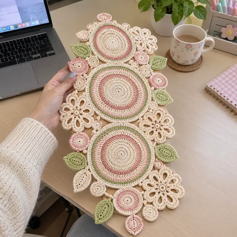 Pastel Floral Motif Table Runner Pattern crochet pattern - detailed view of completed project