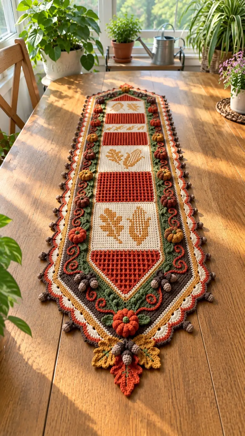 Autumn Harvest Table Runner Pattern crochet pattern - detailed view of completed project