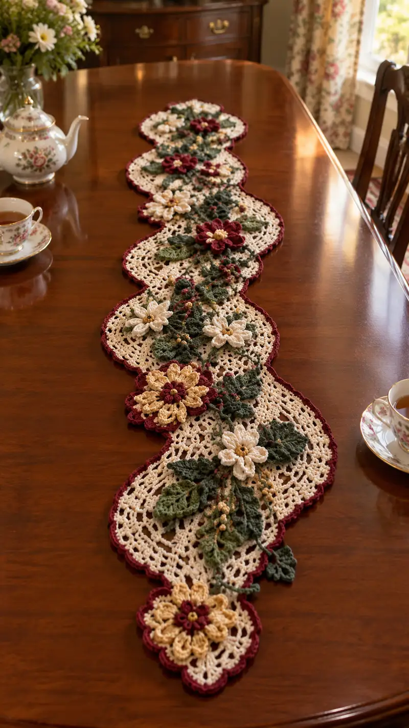 Burgundy And Cream Floral Table Runner Pattern crochet pattern - detailed view of completed project