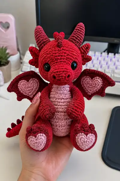 Big Cherry Red Valentine Dragon Amigurumi Pattern step 1 - construction progress