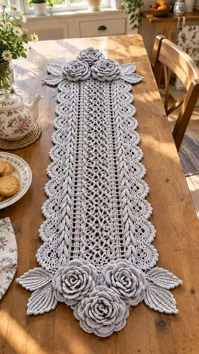 Elegant Lace Rose Table Runner Pattern step 1 - construction progress