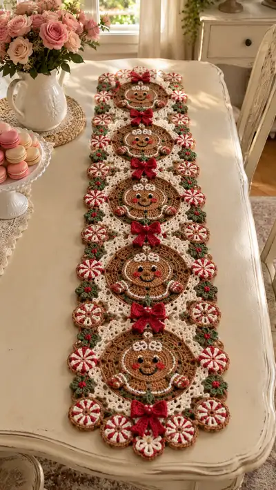 Gingerbread Faces Red Green Table Runner Pattern step 1 - construction progress