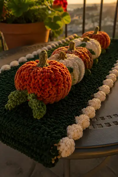 Velvet Pumpkin Row Table Runner with Cream Bobbles Pattern step 2 - assembly progress