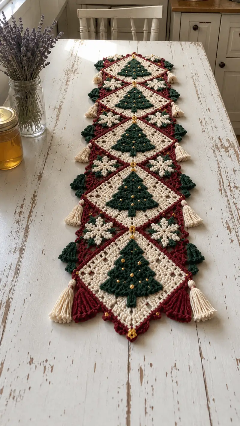 Forest Green Ivory Burgundy Christmas Table Runner Pattern crochet pattern - detailed view of completed project