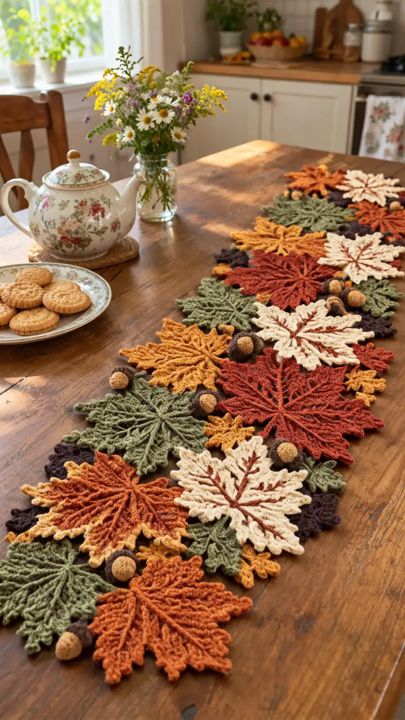 Autumn Leaves Table Runner Pattern crochet pattern - detailed view of completed project