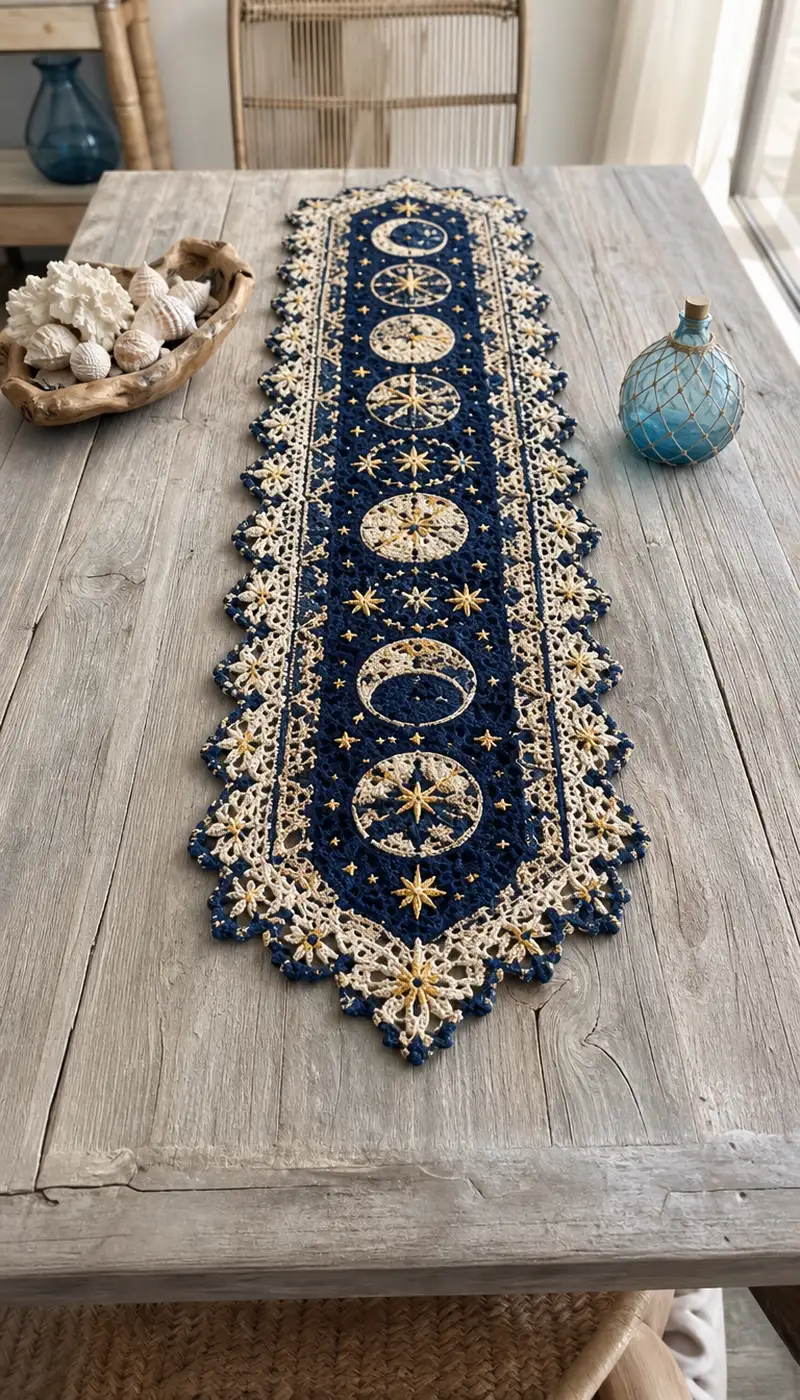 Navy Moon And Stars Crochet Table Runner Pattern crochet pattern - detailed view of completed project