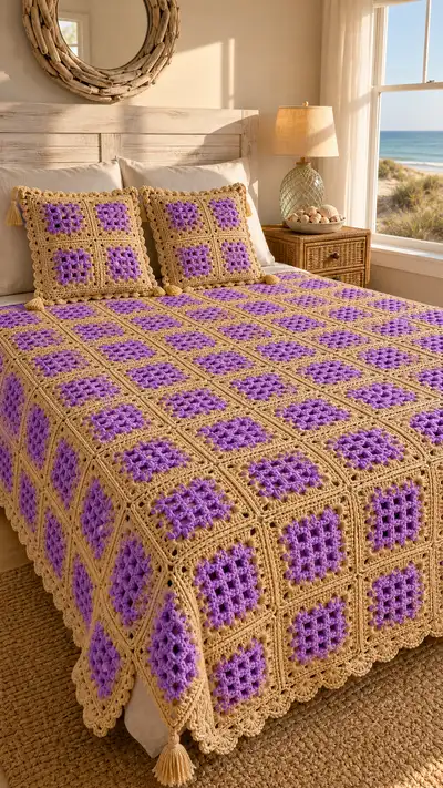 Violet Mesh Granny Square Bedspread Pattern step 1 - construction progress