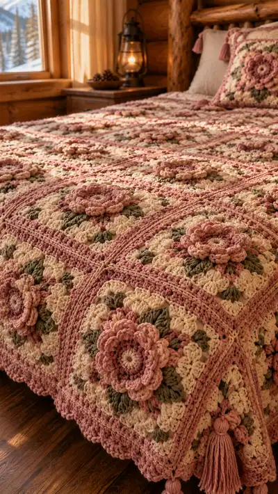 Dusty Rose Floral Granny Bedspread Pattern step 2 - assembly progress