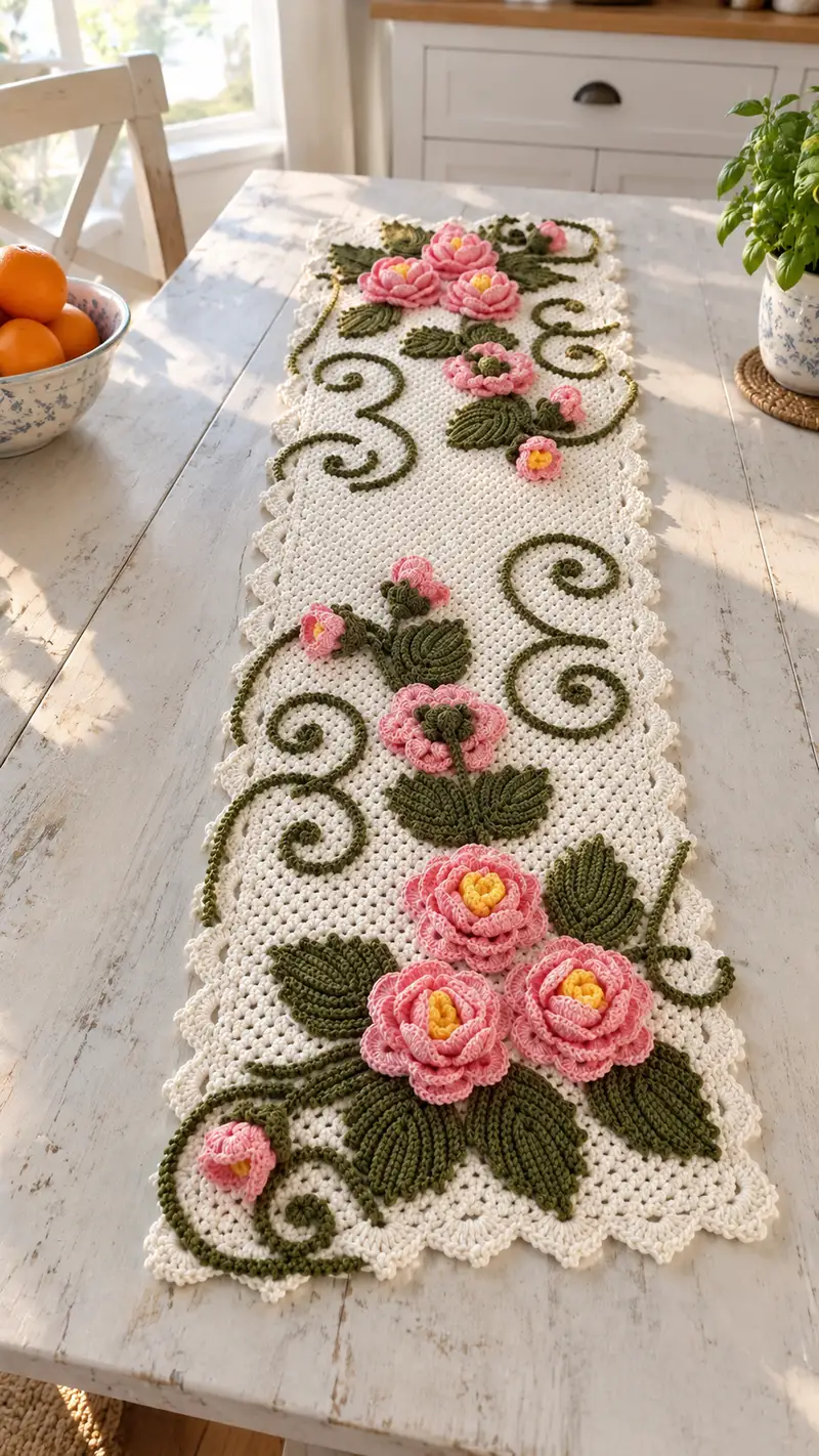 Vintage Rose Table Runner Pattern crochet pattern - detailed view of completed project
