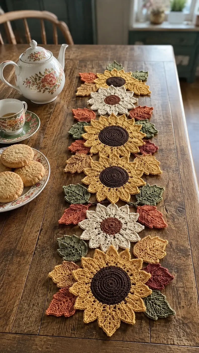 Sunflower Table Runner Pattern crochet pattern - detailed view of completed project