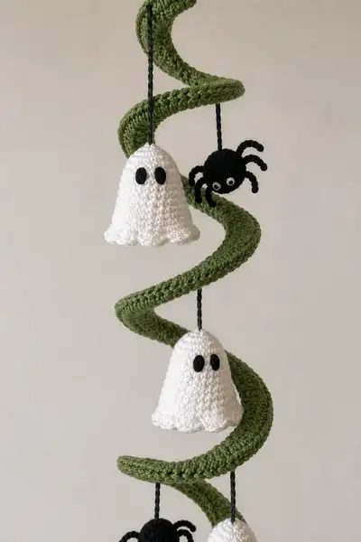 Green Spiral Halloween Garland with Little Phantoms and Spiders Amigurumi Pattern step 2 - assembly progress