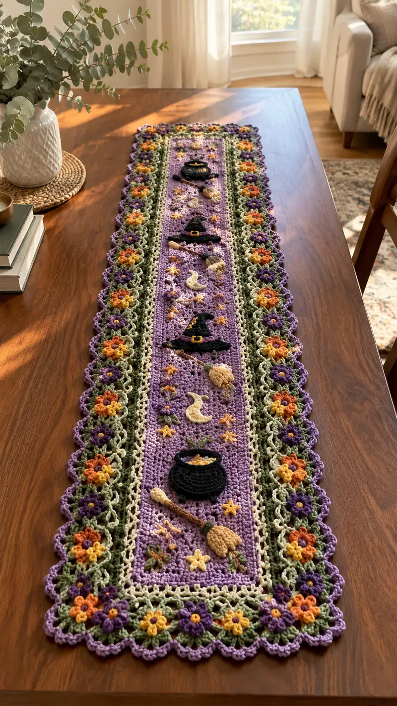 Witchy Floral Table Runner Pattern crochet pattern - detailed view of completed project