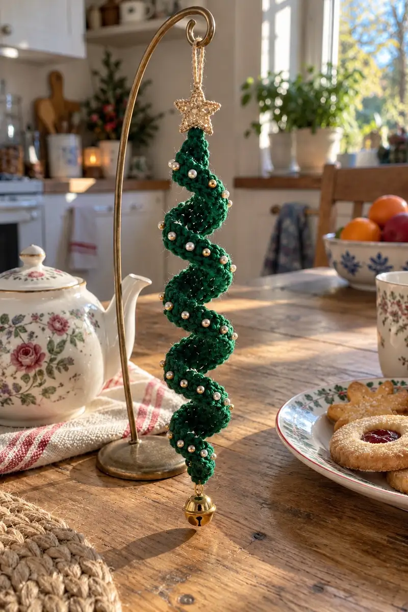 Spiral Christmas Tree Ornament Pattern crochet pattern - detailed view of completed project