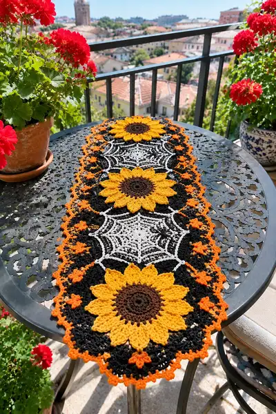 Halloween Sunflower and Spiderweb Doily Table Runner Pattern step 1 - construction progress