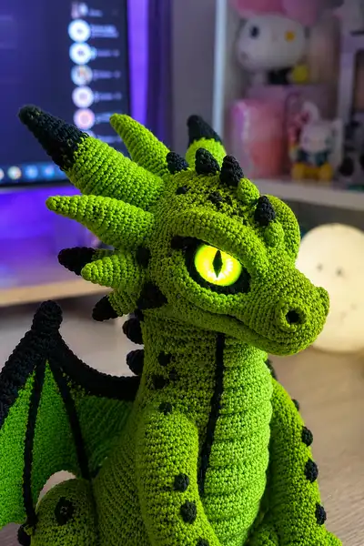 Big Toxic Green Halloween Dragon with Glowing Eyes Amigurumi Pattern step 2 - assembly progress