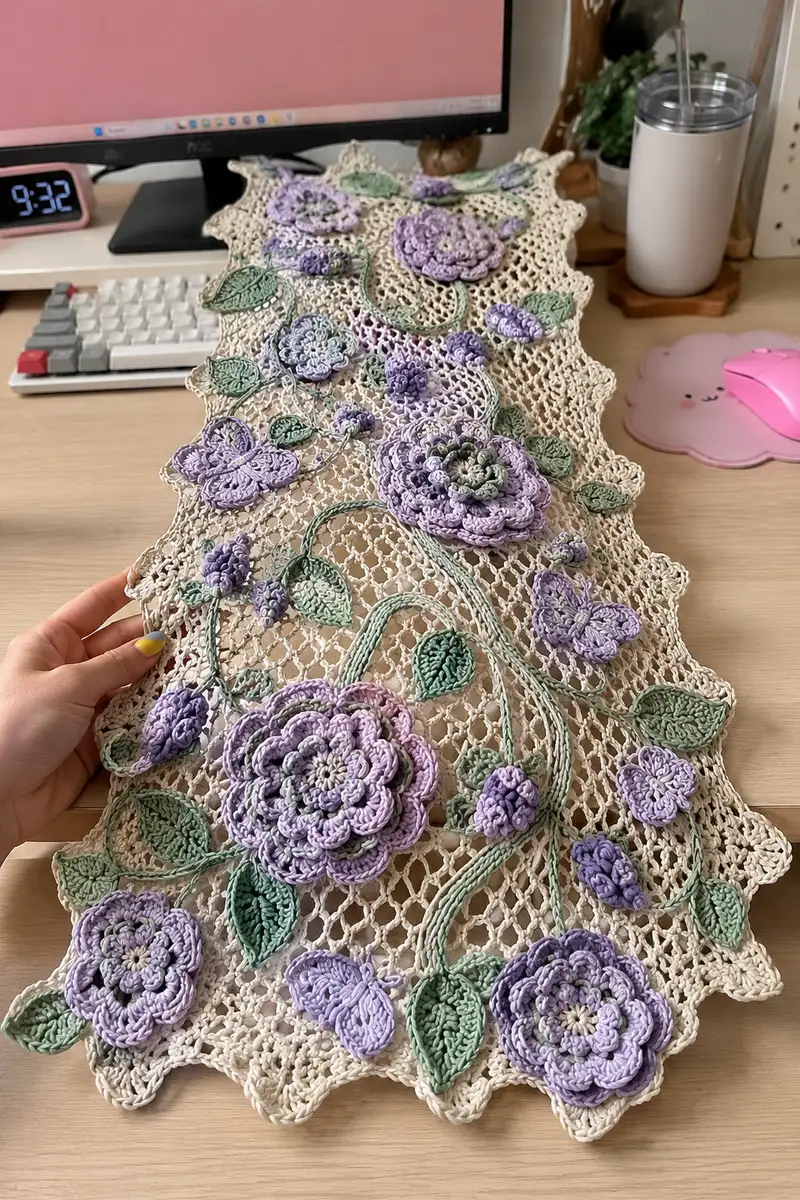 Lavender Garden Floral Lace Table Runner Pattern crochet pattern - detailed view of completed project