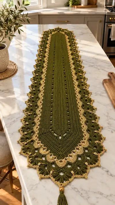 Elegant Olive & Gold Table Runner Pattern step 1 - construction progress
