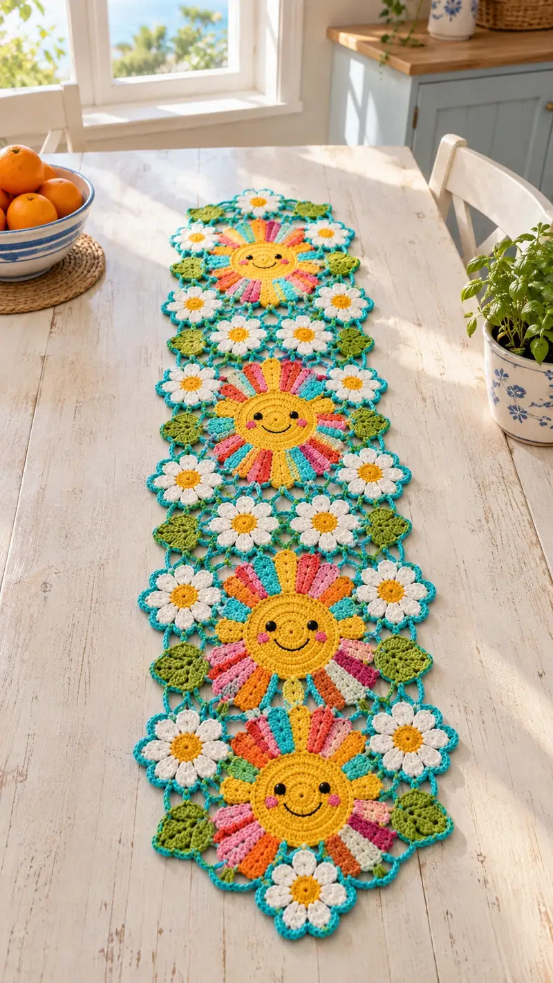 Sunny Daisy Table Runner Pattern crochet pattern - detailed view of completed project