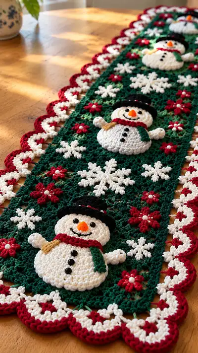 Festive Snowman Table Runner Pattern step 2 - assembly progress